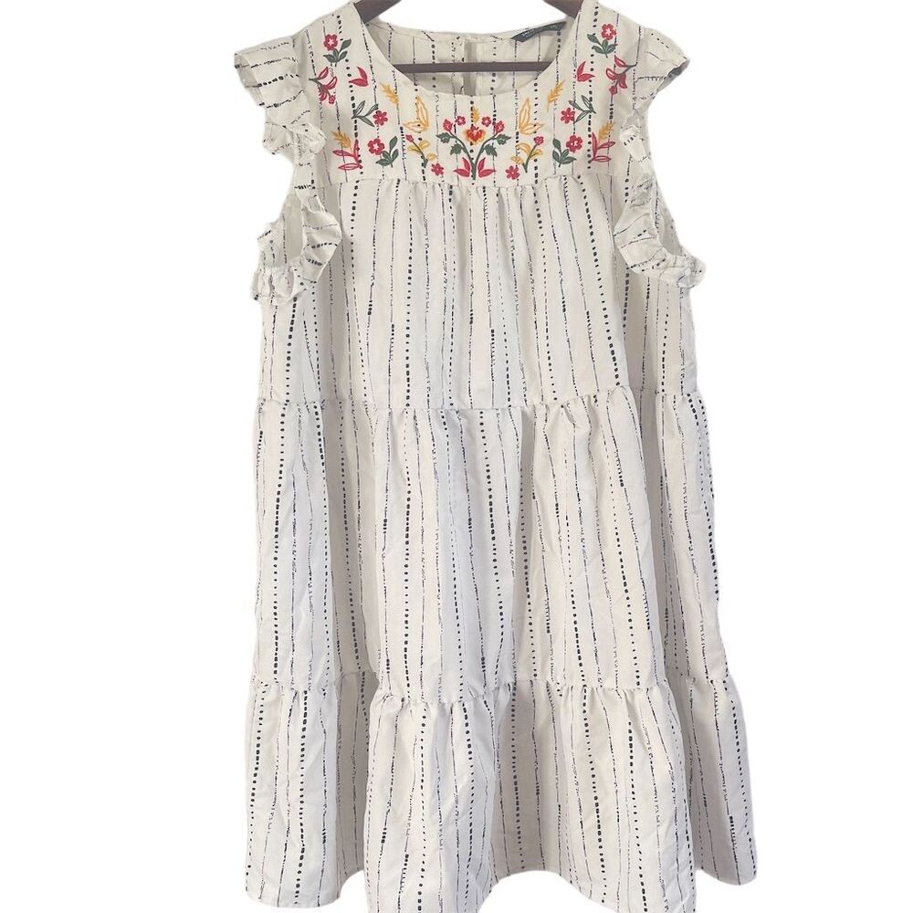 Women's Striped Midi Dress Embroidered Ruffle Trim Tiered Multicolor 2XL